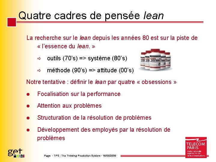 Quatre cadres de pensée lean La recherche sur le lean depuis les années 80