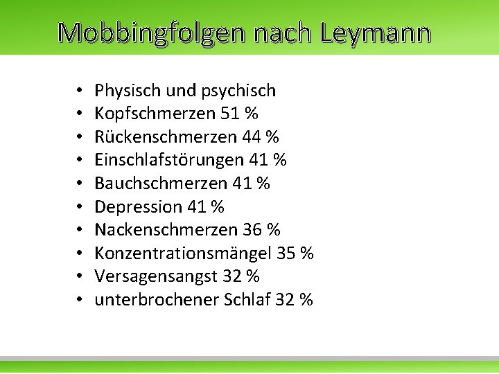Mobbingfolgen nach Leymann • • • Physisch und psychisch Kopfschmerzen 51 % Rückenschmerzen 44