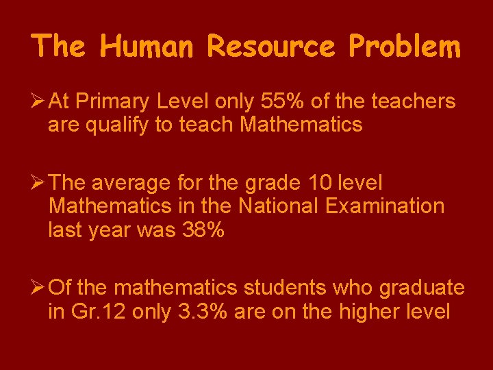 The Human Resource Problem Ø At Primary Level only 55% of the teachers are