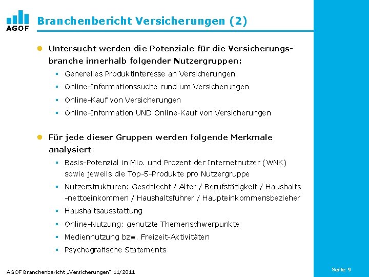 Branchenbericht Versicherungen (2) l Untersucht werden die Potenziale für die Versicherungsbranche innerhalb folgender Nutzergruppen: