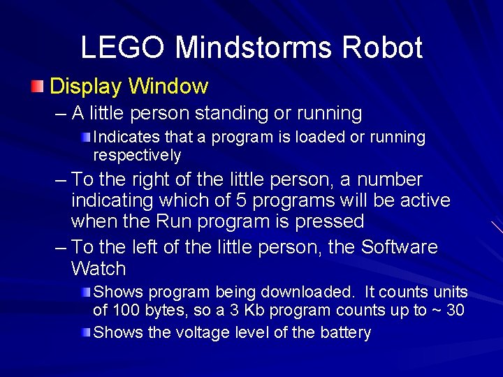 LEGO Mindstorms Robot Display Window – A little person standing or running Indicates that