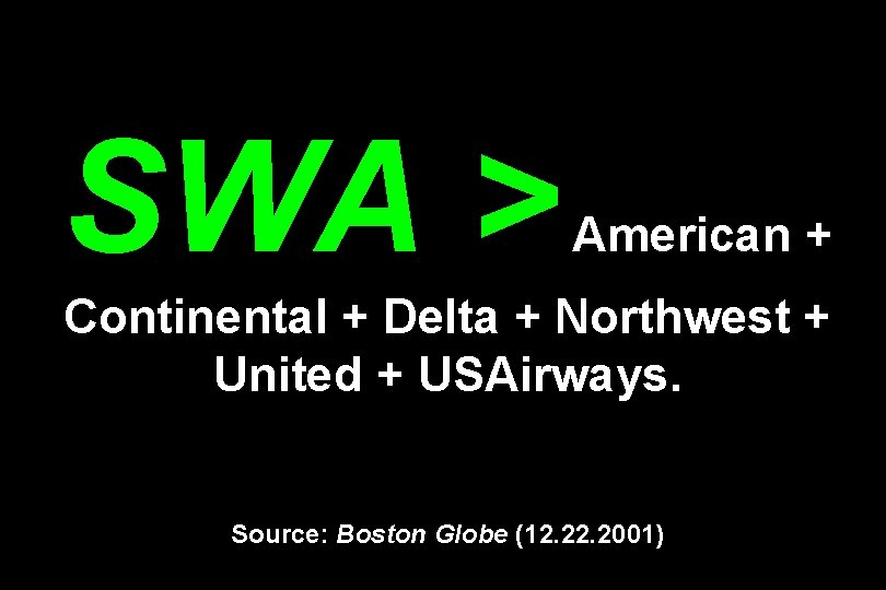 SWA > American + Continental + Delta + Northwest + United + USAirways. Source: