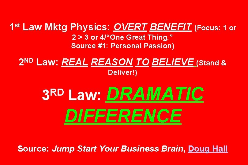 1 st Law Mktg Physics: OVERT BENEFIT (Focus: 1 or 2 > 3 or