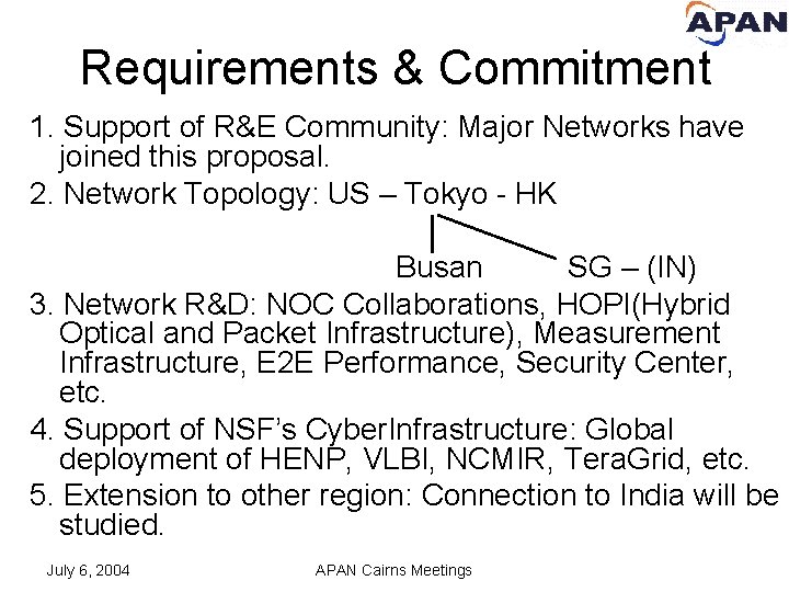 Requirements & Commitment 1. Support of R&E Community: Major Networks have joined this proposal.
