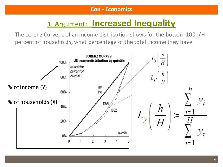 Con - Economics 1. Argument: Increased Inequality The Lorenz Curve, L of an income