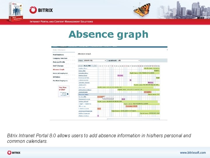 Absence graph Bitrix Intranet Portal 8. 0 allows users to add absence information in