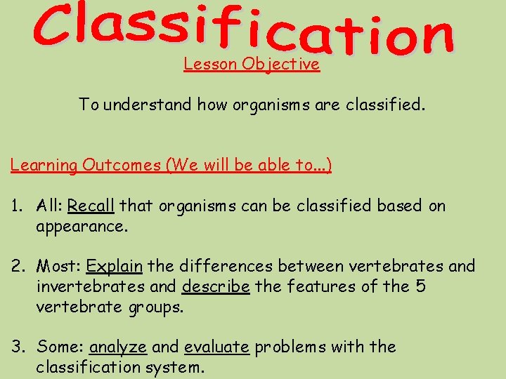 Lesson Objective To understand how organisms are classified. Learning Outcomes (We will be able