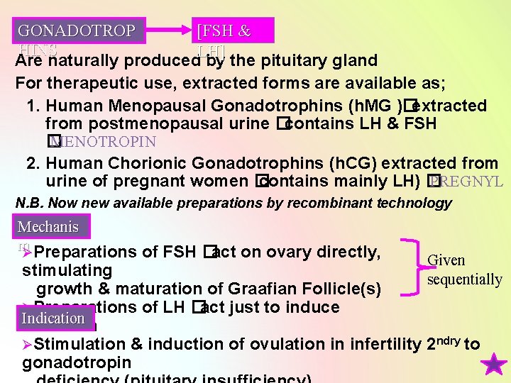 [FSH & GONADOTROP HINS LH] Are naturally produced by the pituitary gland For therapeutic