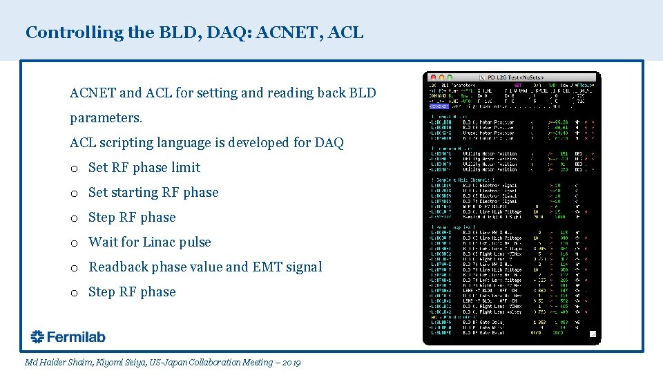 Controlling the BLD, DAQ: ACNET, ACL ACNET and ACL for setting and reading back