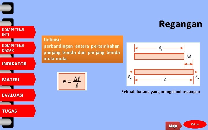 KOMPETENSI INTI KOMPETENSI DASAR INDIKATOR Regangan Definisi: perbandingan antara pertambahan panjang benda dan panjang