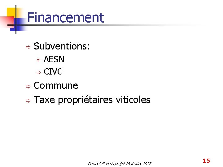 Financement ð Subventions: AESN ð CIVC ð Commune ð Taxe propriétaires viticoles ð Présentation