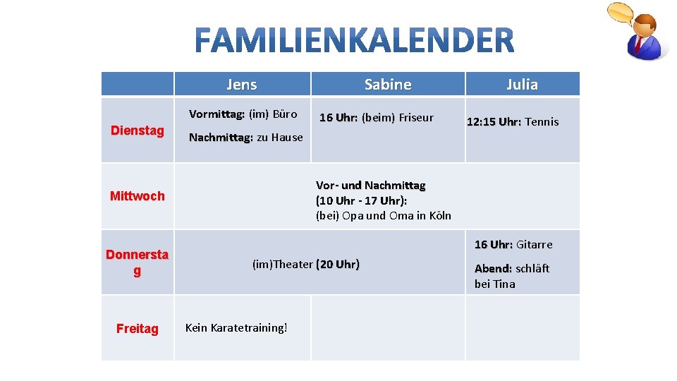 Jens Vormittag: (im) Büro Dienstag Freitag 16 Uhr: (beim) Friseur Nachmittag: zu Hause Julia