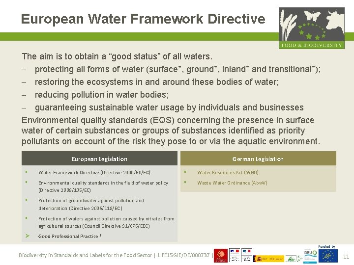 European Water Framework Directive The aim is to obtain a “good status” of all