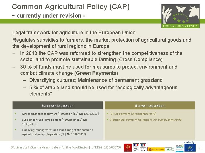 Common Agricultural Policy (CAP) - currently under revision Legal framework for agriculture in the