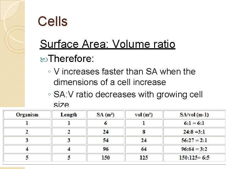 Cells Surface Area: Volume ratio Therefore: ◦ V increases faster than SA when the