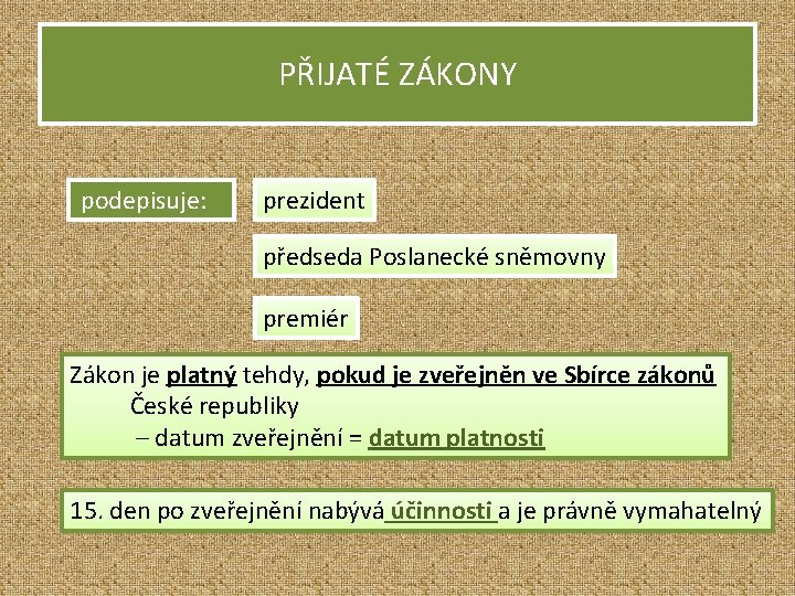 PŘIJATÉ ZÁKONY podepisuje: prezident předseda Poslanecké sněmovny premiér Zákon je platný tehdy, pokud je