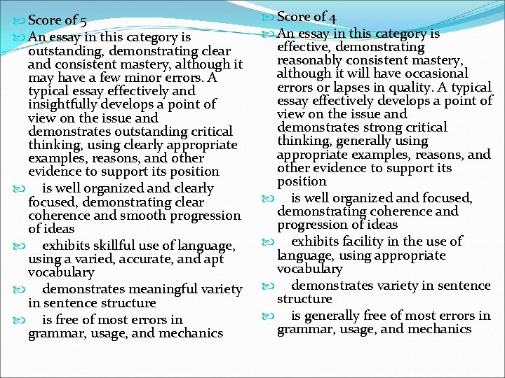  Score of 5 An essay in this category is outstanding, demonstrating clear and