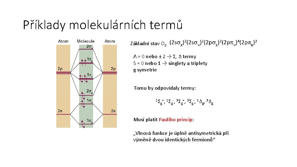 Příklady molekulárních termů Základní stav O 2 Λ = 0 nebo ± 2 →