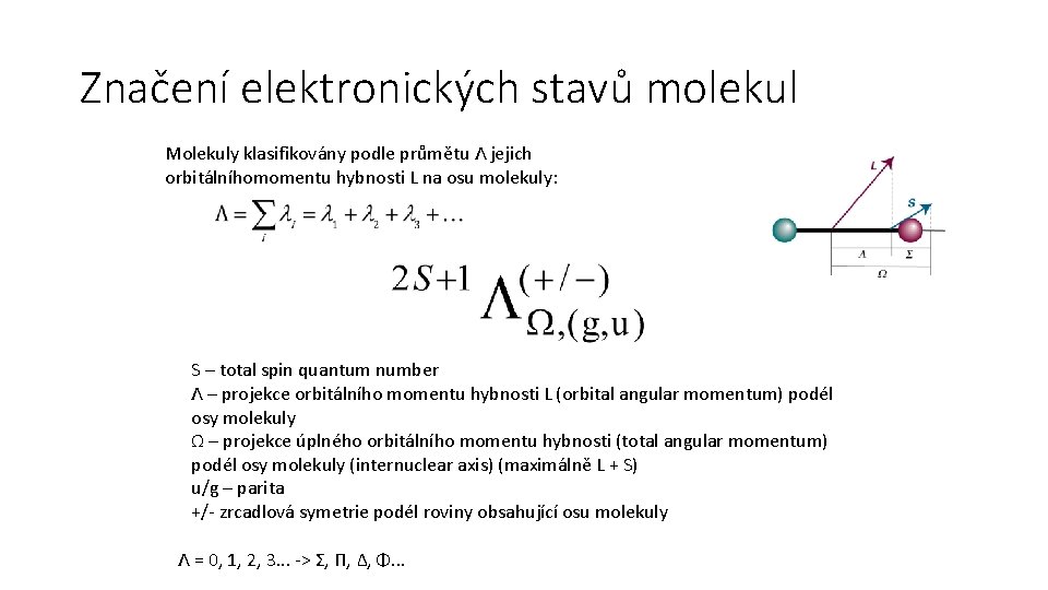 Značení elektronických stavů molekul Molekuly klasifikovány podle průmětu Λ jejich orbitálníhomomentu hybnosti L na