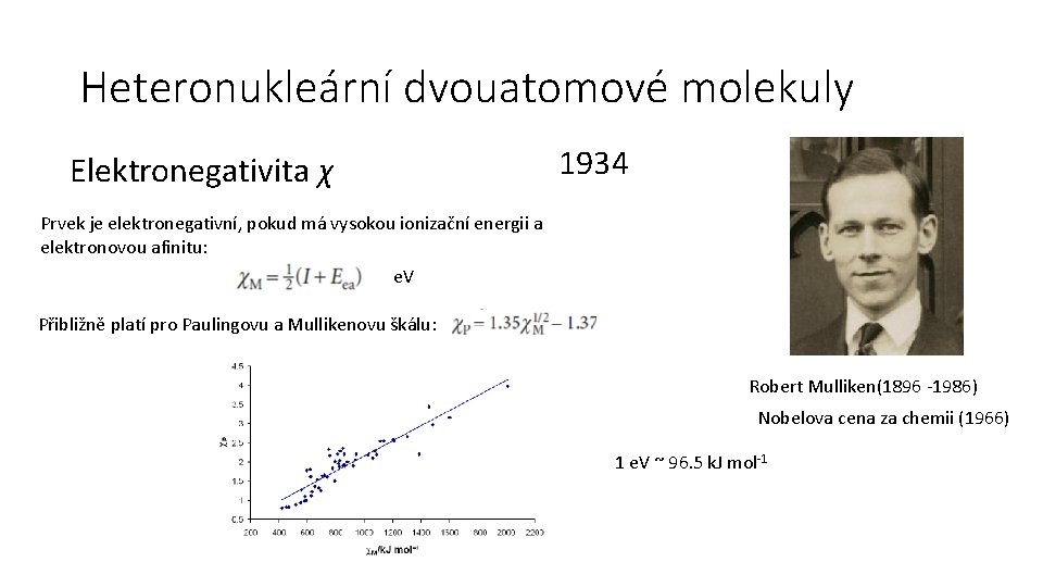 Heteronukleární dvouatomové molekuly 1934 Elektronegativita χ Prvek je elektronegativní, pokud má vysokou ionizační energii