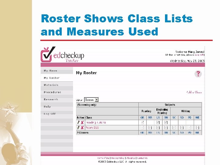 Roster Shows Class Lists and Measures Used 