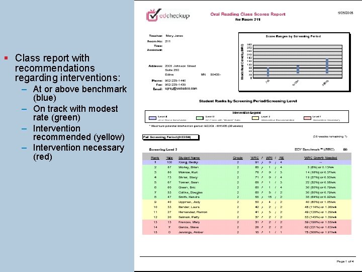 § Class report with recommendations regarding interventions: – At or above benchmark (blue) –