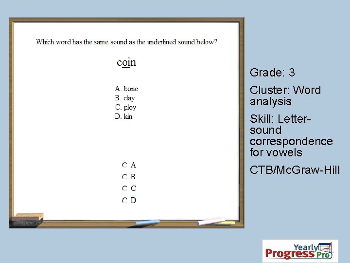 Grade: 3 Cluster: Word analysis Skill: Lettersound correspondence for vowels CTB/Mc. Graw-Hill 