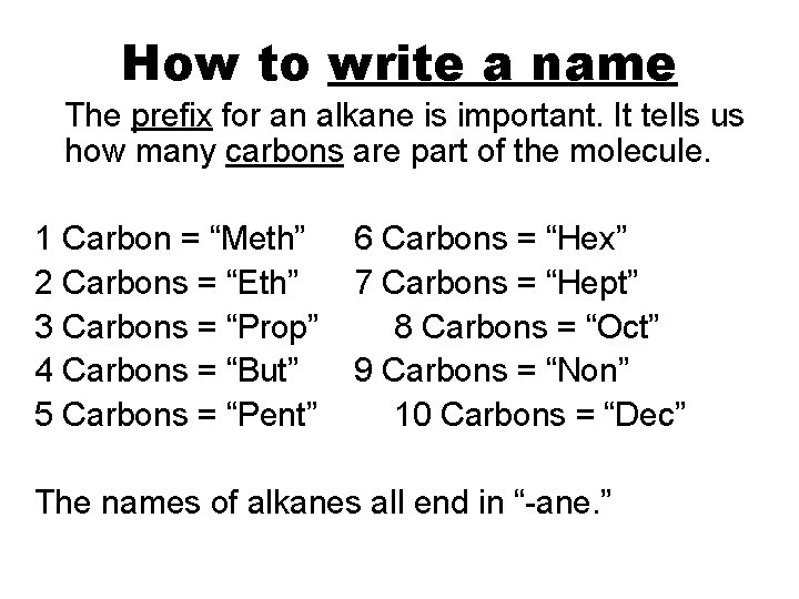 How to write a name The prefix for an alkane is important. It tells How to write a name The prefix for an alkane is important. It tells