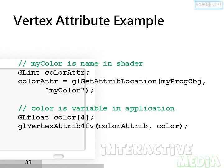 Vertex Attribute Example // my. Color is name in shader GLint color. Attr; color.