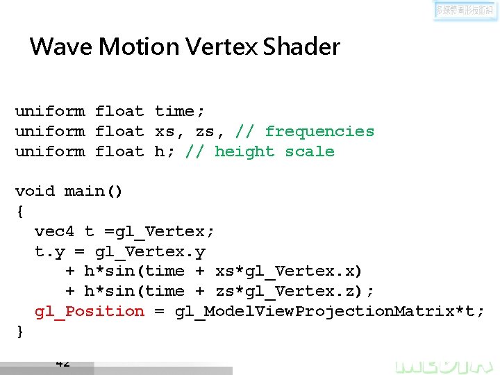 Wave Motion Vertex Shader uniform float time; uniform float xs, zs, // frequencies uniform