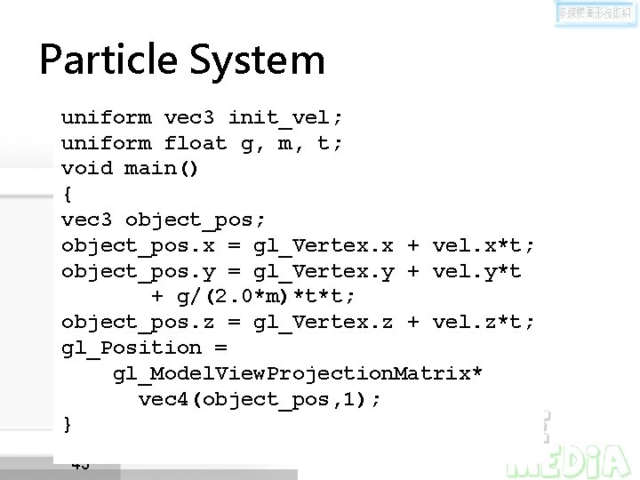 Particle System uniform vec 3 init_vel; uniform float g, m, t; void main() {