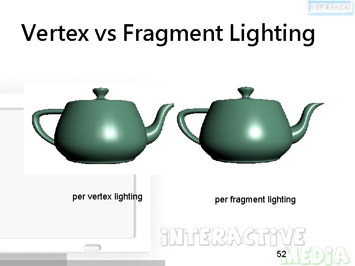 Vertex vs Fragment Lighting per vertex lighting per fragment lighting 52 