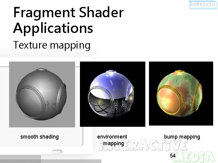 Fragment Shader Applications Texture mapping smooth shading environment mapping bump mapping 54 