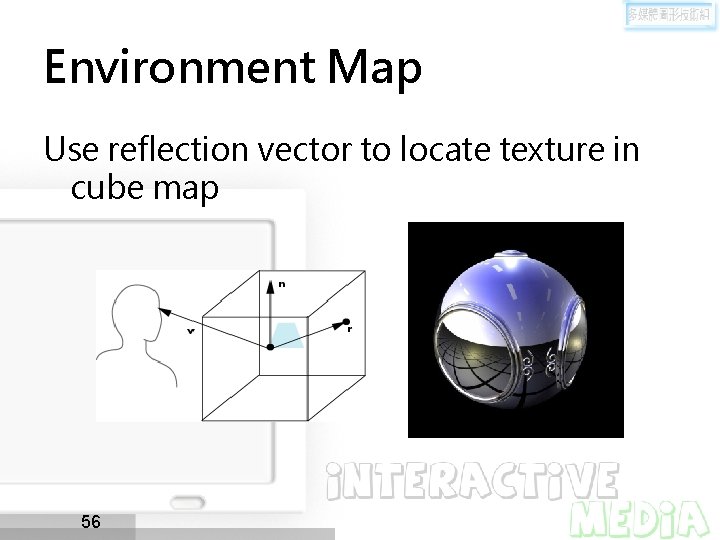 Environment Map Use reflection vector to locate texture in cube map 56 