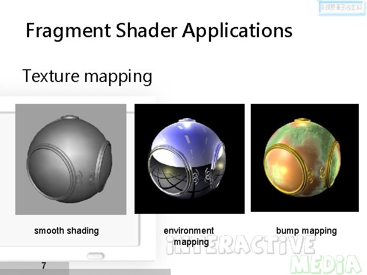 Fragment Shader Applications Texture mapping smooth shading 7 environment mapping bump mapping 