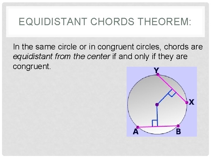 EQUIDISTANT CHORDS THEOREM: In the same circle or in congruent circles, chords are equidistant