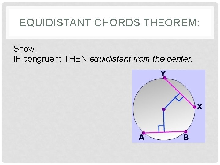 EQUIDISTANT CHORDS THEOREM: Show: IF congruent THEN equidistant from the center. 