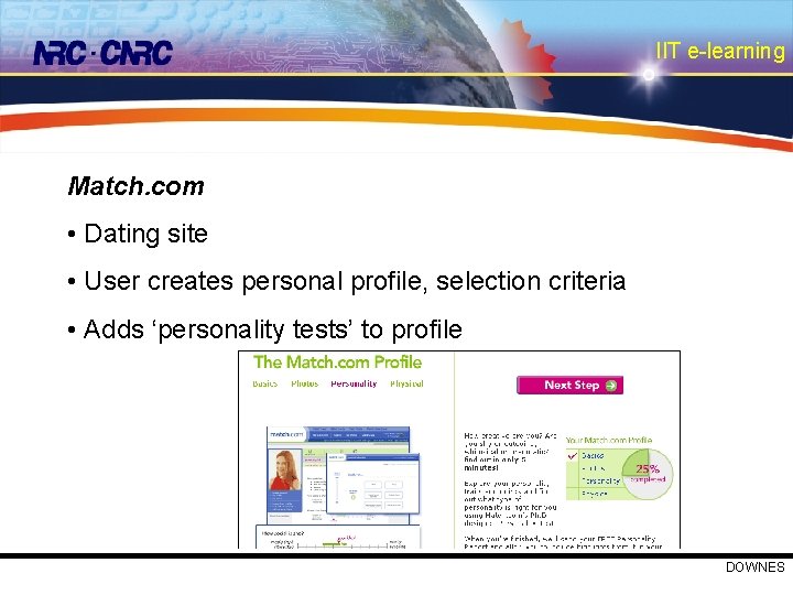 IIT e-learning Match. com • Dating site • User creates personal profile, selection criteria