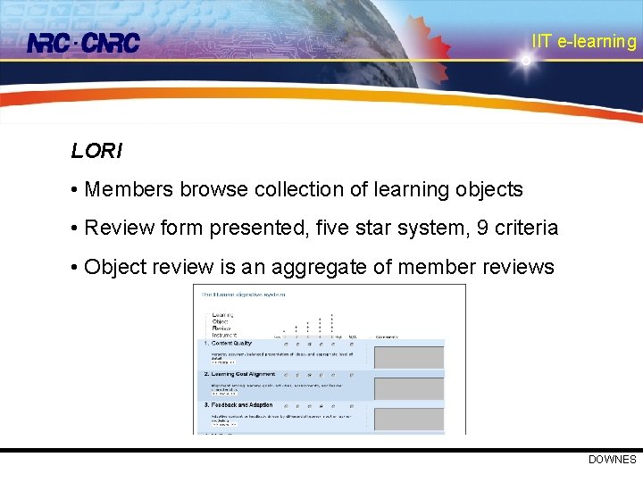 IIT e-learning LORI • Members browse collection of learning objects • Review form presented,
