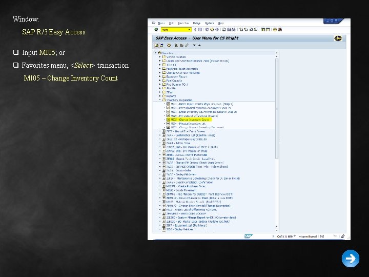 Window: SAP R/3 Easy Access q Input MI 05; or q Favorites menu, <Select>