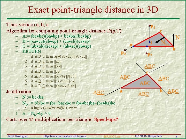 Exact point-triangle distance in 3 D T has vertices a, b, c Algorithm for