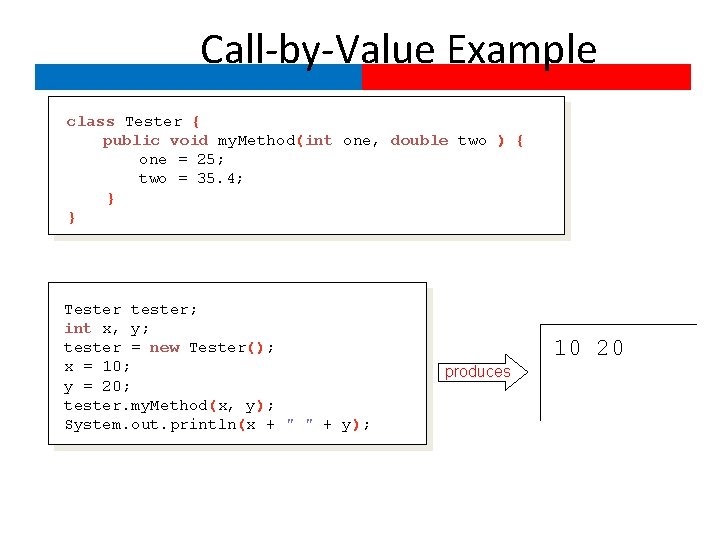 Call-by-Value Example class Tester { public void my. Method(int one, double two ) {