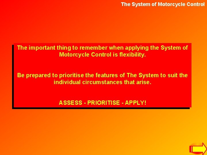 The System of Motorcycle Control The important thing to remember when applying the System