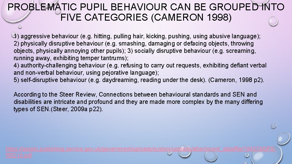 PROBLEMATIC PUPIL BEHAVIOUR CAN BE GROUPED INTO FIVE CATEGORIES (CAMERON 1998) 1) aggressive behaviour