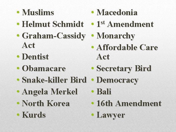  • Muslims • Helmut Schmidt • Graham-Cassidy Act • Dentist • Obamacare •