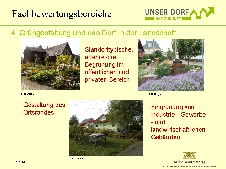 Fachbewertungsbereiche 4. Grüngestaltung und das Dorf in der Landschaft Standorttypische, artenreiche Begrünung im öffentlichen