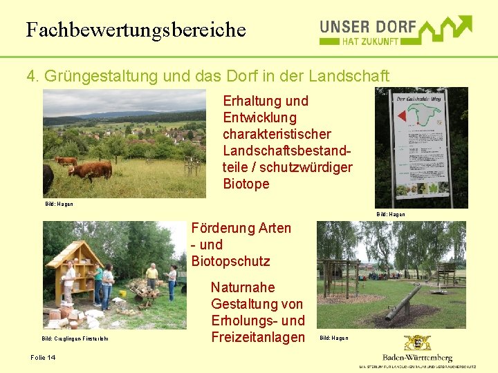 Fachbewertungsbereiche 4. Grüngestaltung und das Dorf in der Landschaft Erhaltung und Entwicklung charakteristischer Landschaftsbestandteile