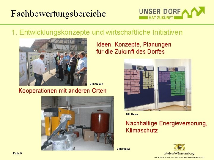 Fachbewertungsbereiche 1. Entwicklungskonzepte und wirtschaftliche Initiativen Ideen, Konzepte, Planungen für die Zukunft des Dorfes