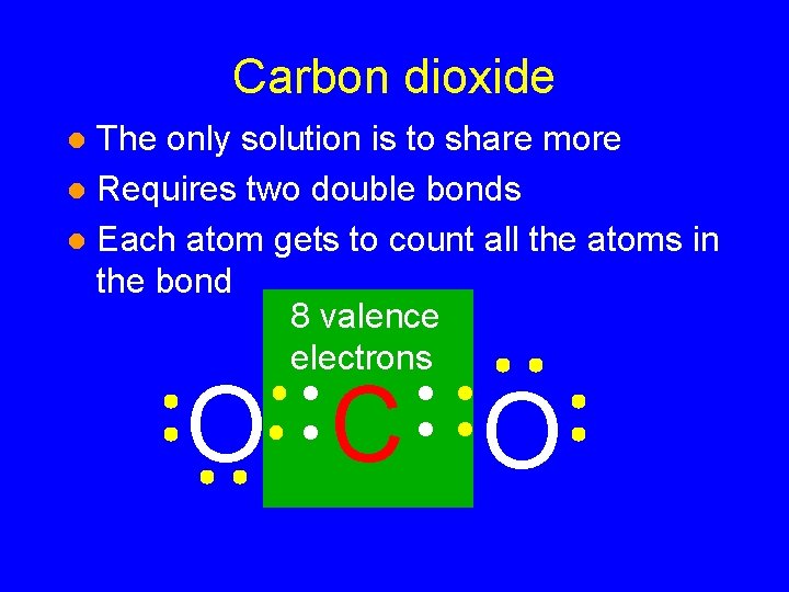 Carbon dioxide The only solution is to share more l Requires two double bonds