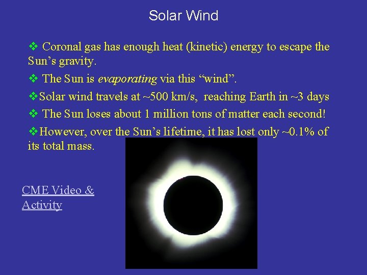 Solar Wind v Coronal gas has enough heat (kinetic) energy to escape the Sun’s